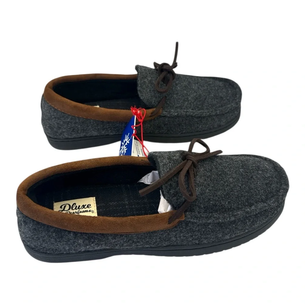 Dearfoams Men's‎ Deluxe House Slippers Comfort Gray and Brown, Size 7-8 Small